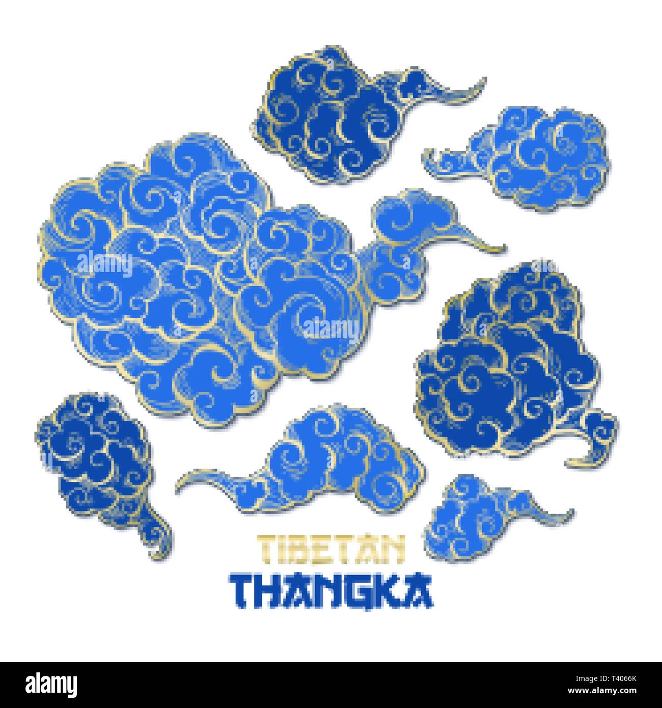 Chinesischen oder tibetischen Golden und Blau Vector Wolken Sammlung. Asian Oriental künstlerische Tangka Abbildung. Paper Art Stil Stock Vektor