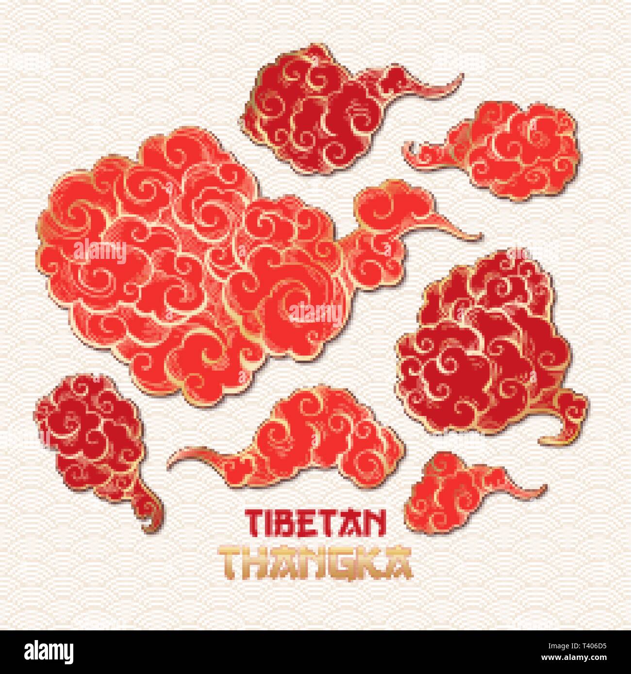 Chinesischen oder tibetischen Goldene und rote Vektor Wolken Sammlung. Asian Oriental künstlerische Tangka Abbildung. Paper Art Stil Stock Vektor