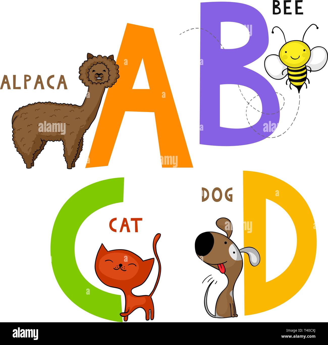 Englisch animal Alphabet A, B, C und D Buchstaben mit cute cartoon Alpaka, Biene, Katze und Hund Stock Vektor