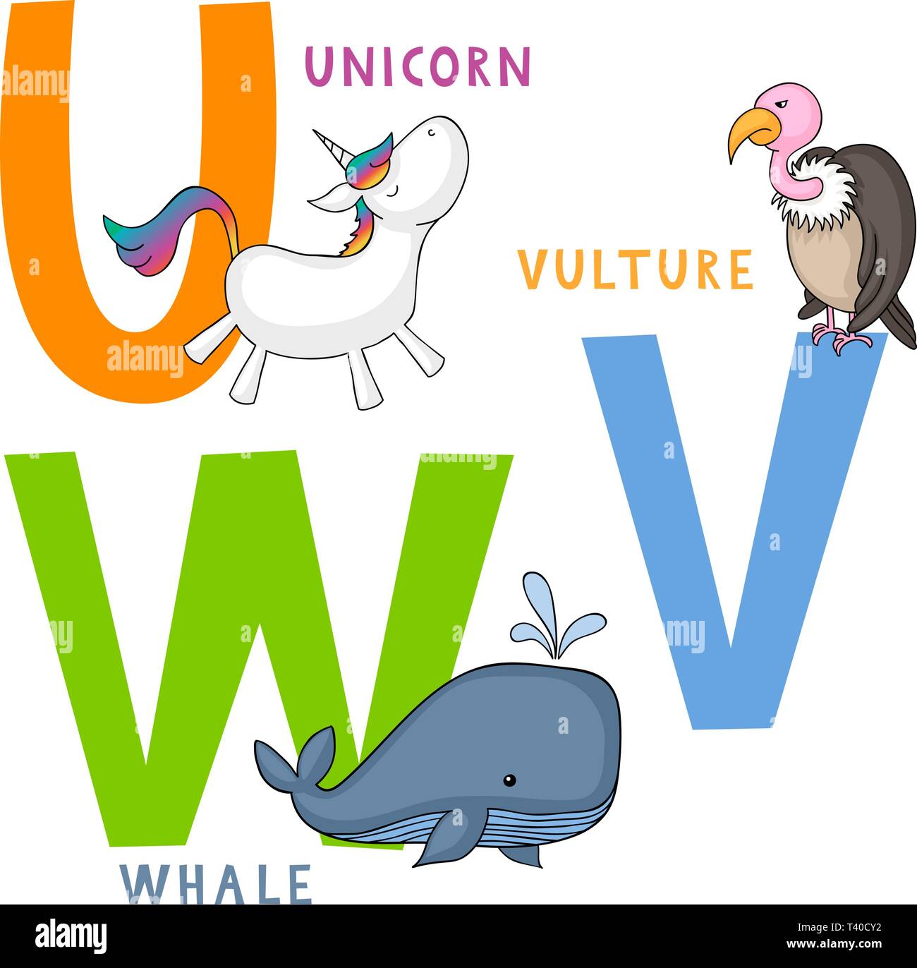 Englisch animal Alphabet U, V und W Buchstaben mit cute cartoon Einhorn, Geier und Wal Stock Vektor