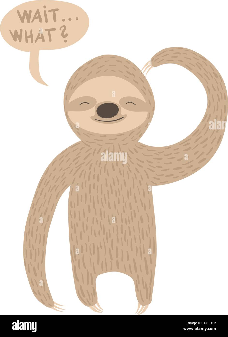 Cute cartoon Faultier mit verschlafenen Gesicht stehen und den Kopf zu kratzen. Sie können Ihre eigenen Text in der Sprechblase hinzufügen. Stock Vektor