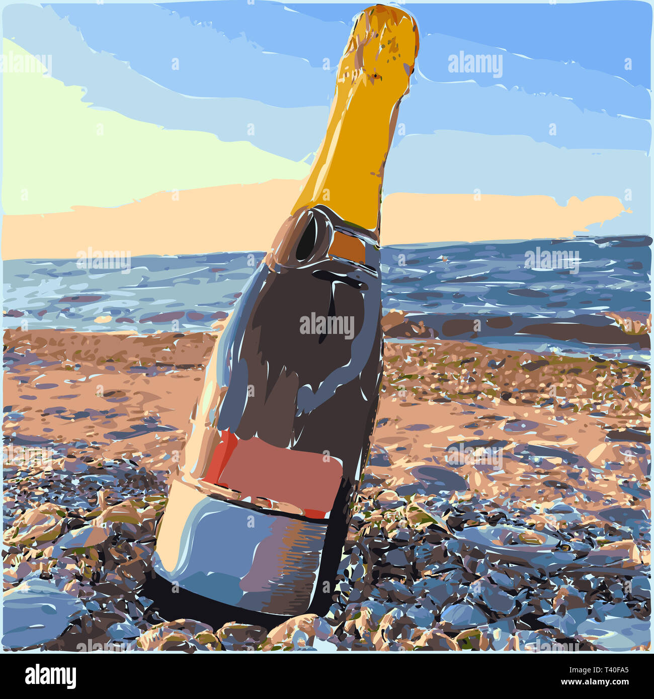 Flasche Sekt auf einem Strand. Aquarell Vector Illustration. Romantische bunte Poster Stockfoto
