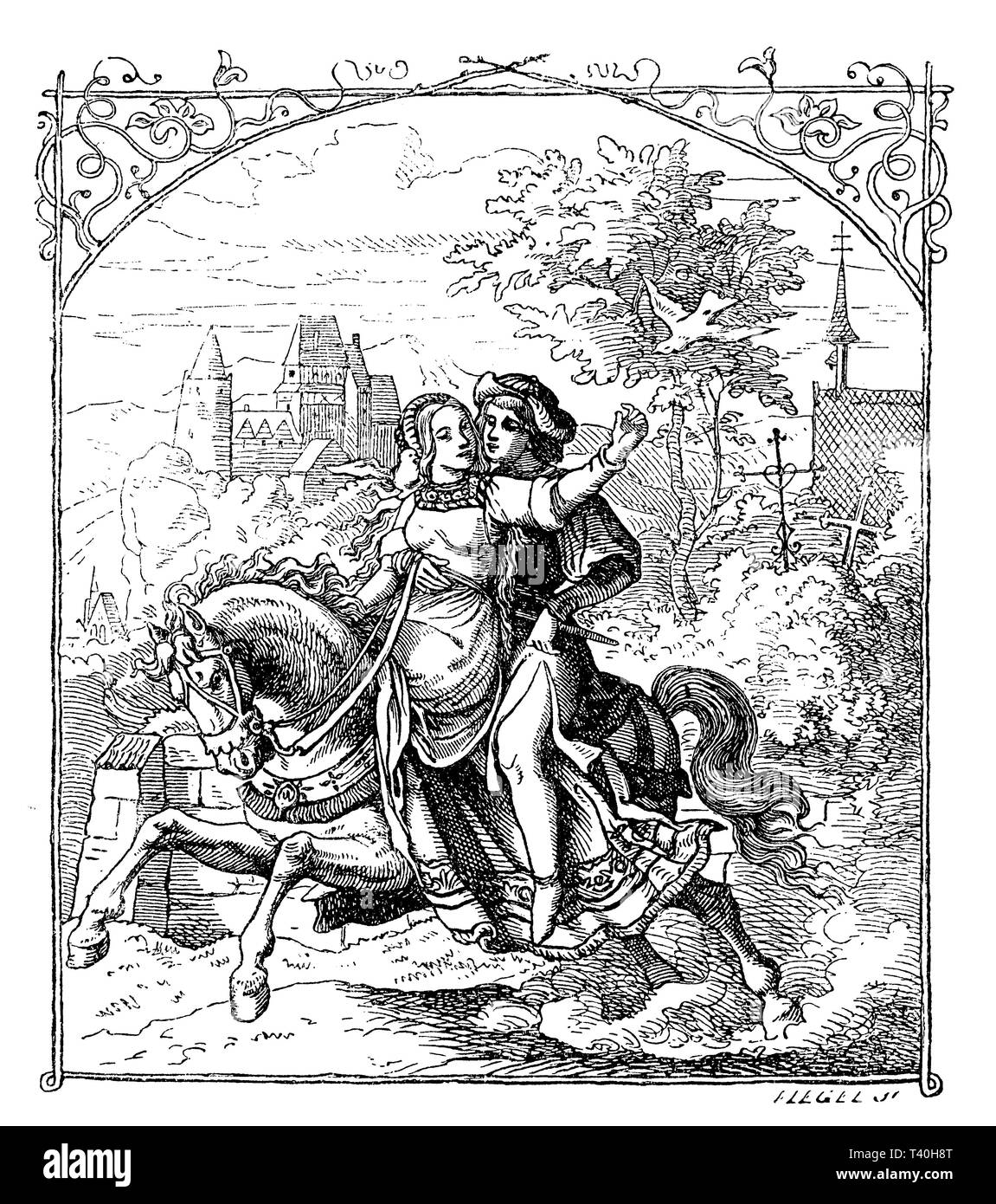 Jungen Ritter reitet mit seiner geliebten Frau auf einem Pferd, Ludwig Richter 1837 ff. Stockfoto