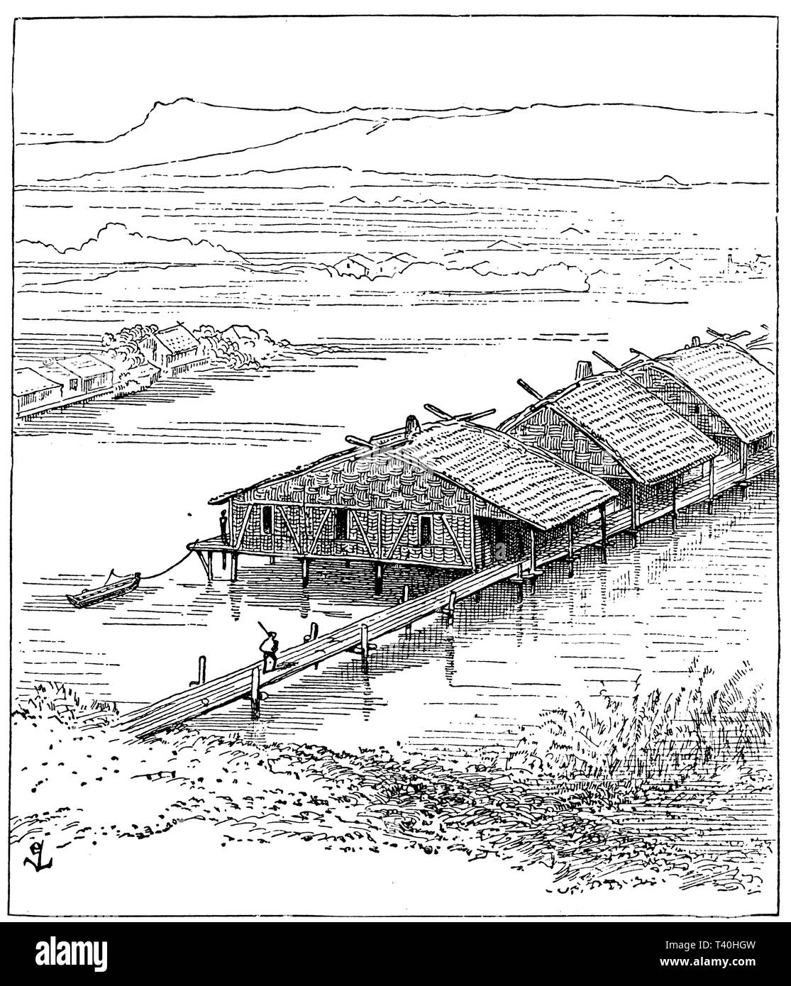 Pfahlbauten. Nach Viollet-le-Duc, Stockfoto