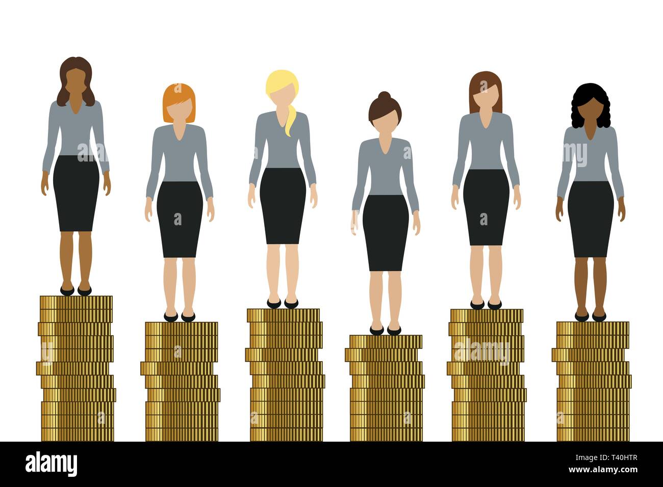 Frauen mit unterschiedlichem Einkommen stehen auf goldenen Münzen Finanzen konzept Vektor-illustration EPS 10. Stock Vektor