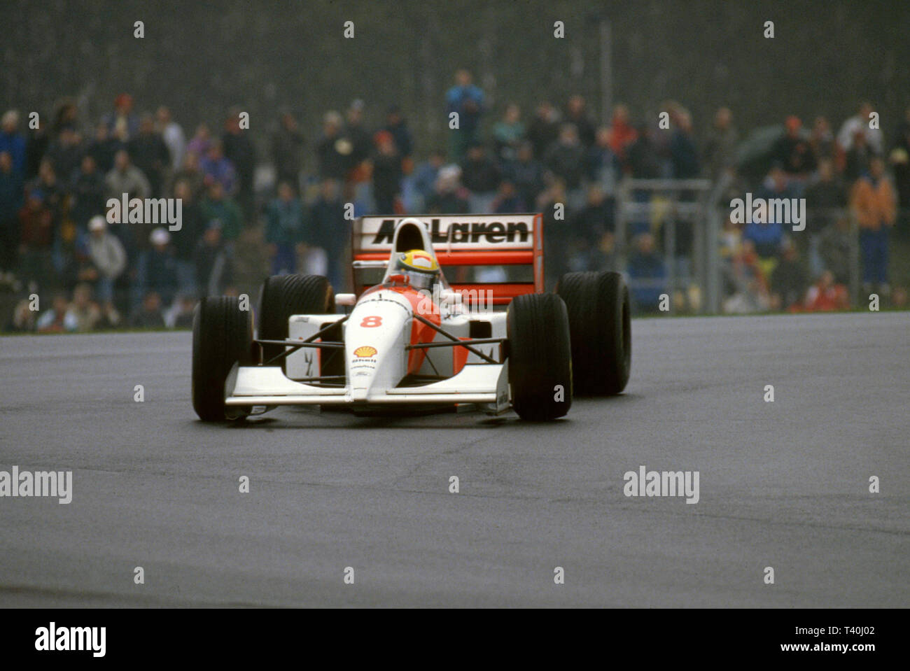 1993 europäischen Grand Prix von Donington. Ayrton Senna McLaren Ford MP 4-8 Stockfoto