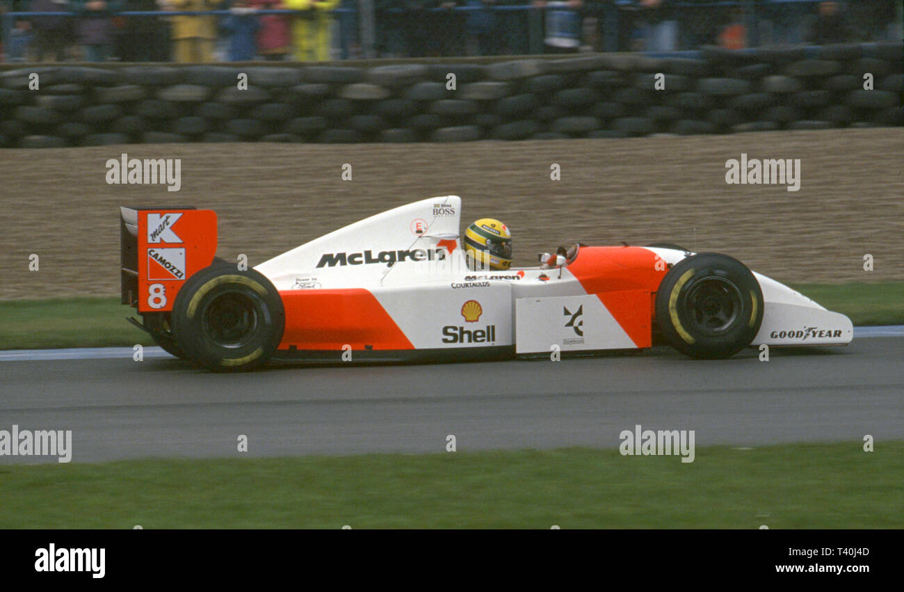 1993 europäischen Grand Prix von Donington. Ayrton Senna McLaren Ford MP 4-8 Stockfoto