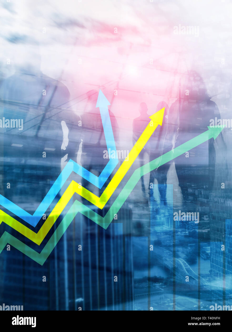 Finanzielle Wachstum Pfeile graph. Investitionen und Handel Konzept. Abstrakte Cover Design vertikalen Format. Stockfoto