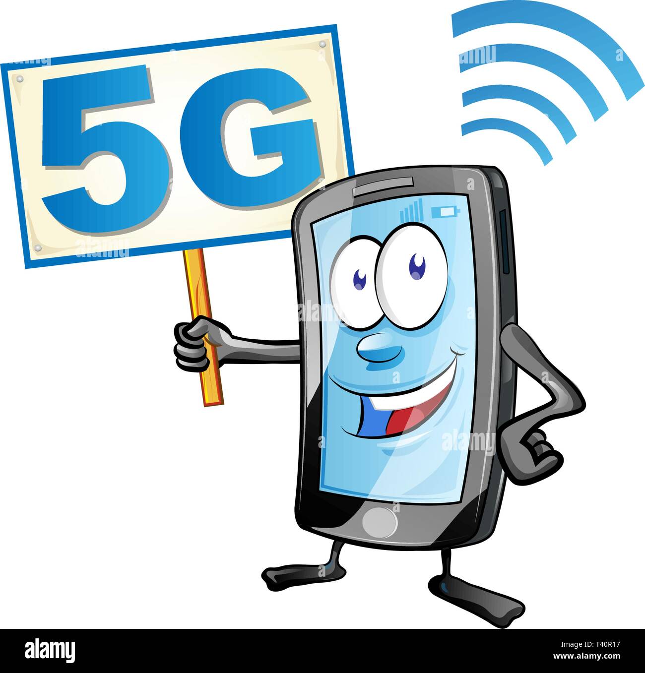 Smartphone cartoon mit Namensschild 5G Symbol. clipart Vector Illustration Stock Vektor