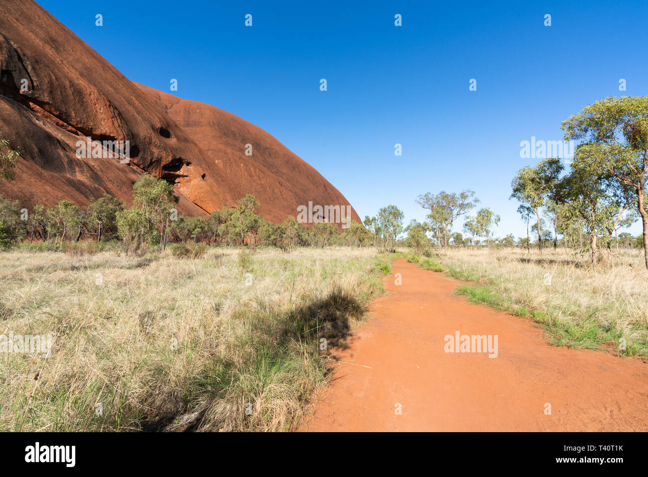 25. Dezember 2018, Uluru NT Australien: Blick auf die Red Rocks und der Pfad der base Spaziergang rund um den Ayers Rock in WINDOWS NT Outback Australien Stockfoto