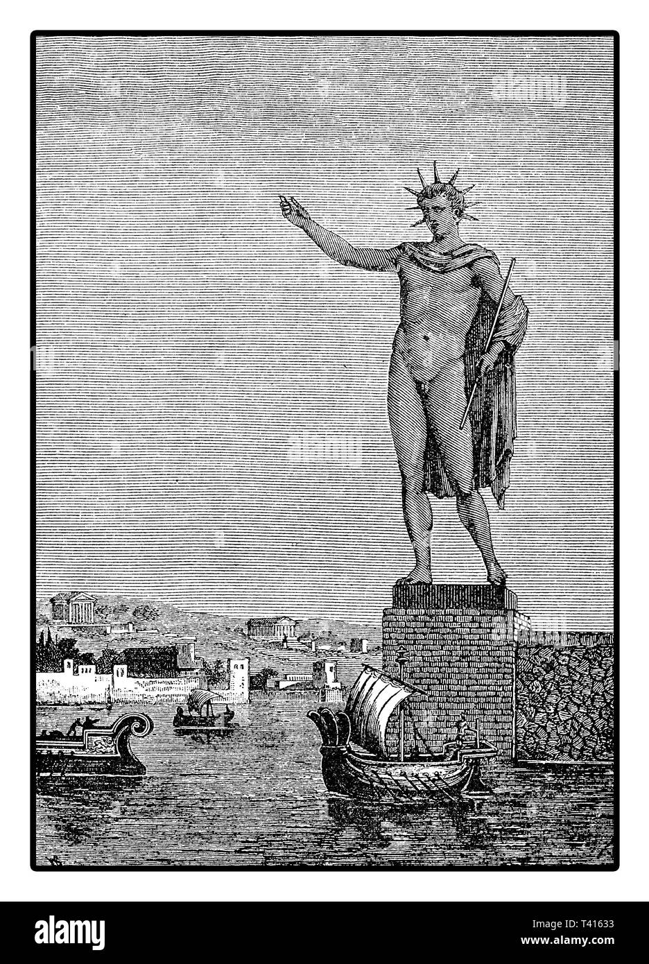 Koloss von Rhodos, Gravur 1880. Es war eines der Sieben Weltwunder der Antike: eine Statue aus Eisen und Messing platten Ca. 33 mt. hoch der Sonnengott Helios in der Griechischen Stadt Rhodos. Es brach nach einem Erdbeben in 226 BC. Stockfoto