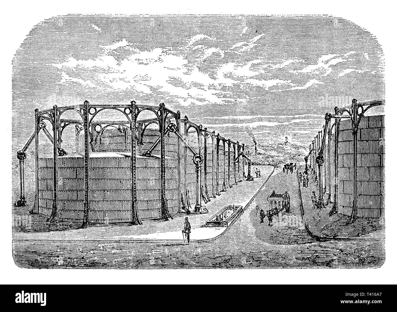 Gasometer Installation in La Villette Frankreich, XIX Jahrhundert. Gasometer oder Gasspeicher sind große Container, in dem Erdgas bei Umgebungstemperatur und Luftdruck gespeichert ist. Stockfoto