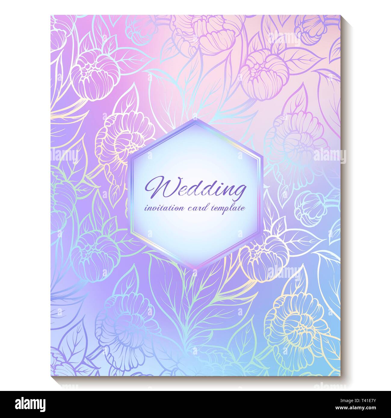 Bunte Pastell blau violett rosa geblümten helle Einladungskarte mit Platz für Text. Abstrakte aquarelle Magic kühle Farben Hand gezeichnet Pfingstrose Blüten Stock Vektor