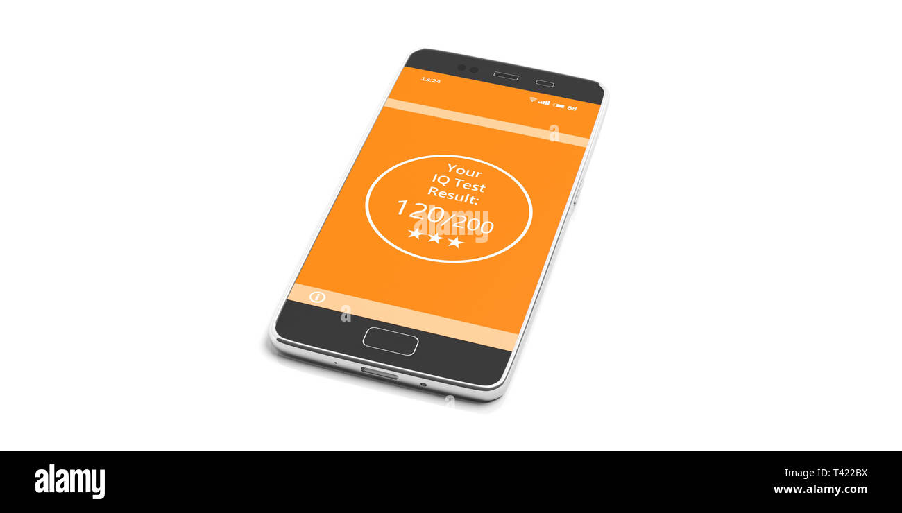 IQ-Test. Online Intelligence test ergebnis, Text auf die Farbe orange Handy Display vor weißem Hintergrund. 3D-Darstellung Stockfoto