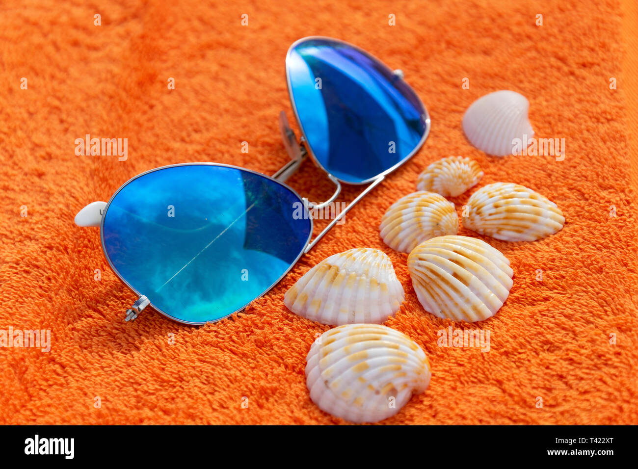Mode sunglases in der Nähe von Muscheln auf orange Handtuch für den Strand. Konzeptuelle Fotografie vor, die den Sommer Urlaub und Zeit zum Entspannen und Aufladen Teig Stockfoto
