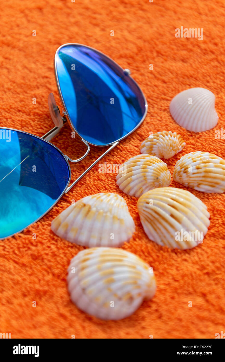 Mode sunglases in der Nähe von Muscheln auf orange Handtuch für den Strand. Konzeptuelle Fotografie vor, die den Sommer Urlaub und Zeit zum Entspannen und Aufladen Teig Stockfoto