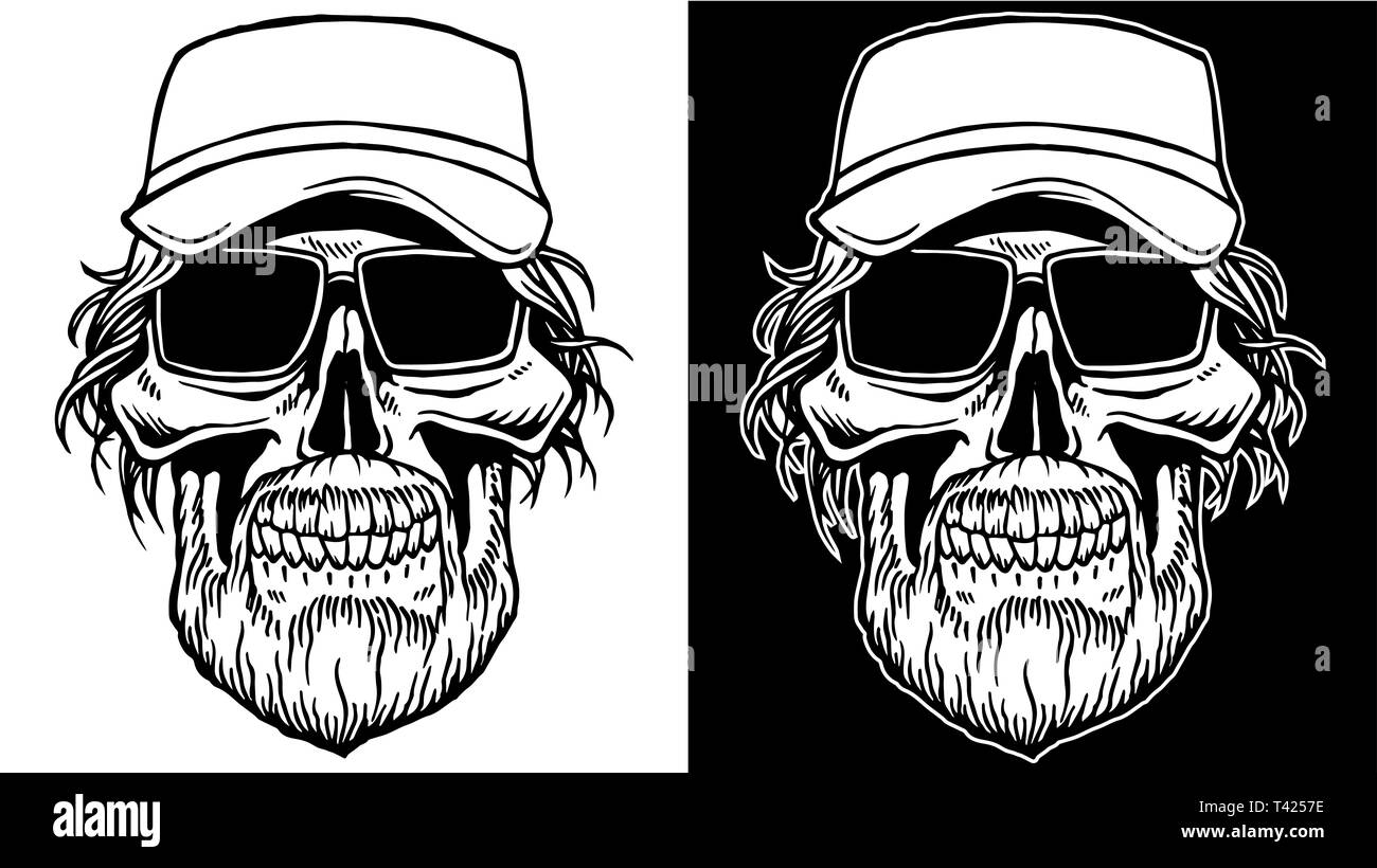 Schwarze und weiße Linie kunst der Schädel mit Bart und Sonnenbrille biker Stockfoto