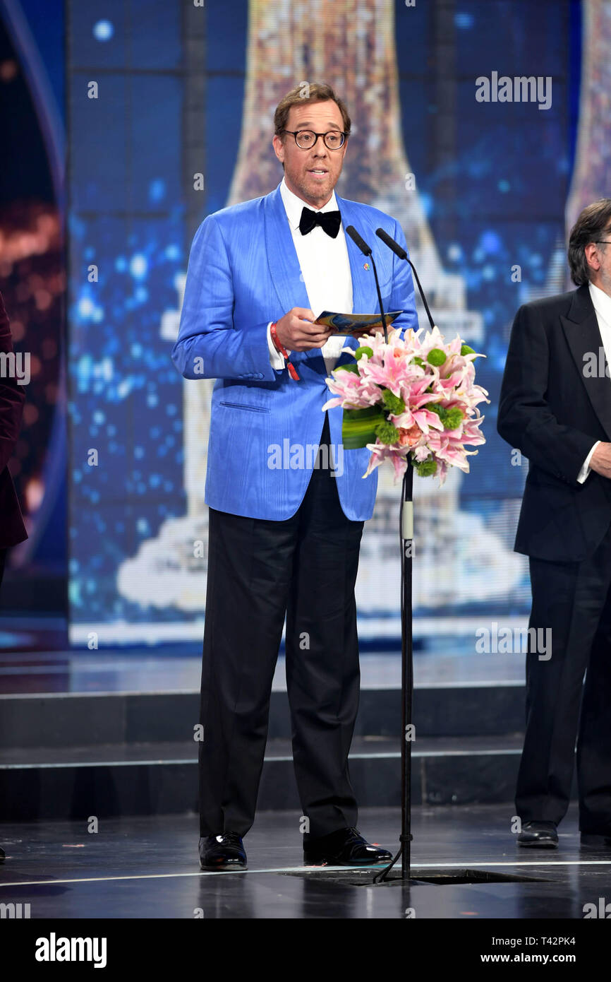 Peking, China. 13 Apr, 2019. Rob Minkoff, jury Präsident der Tiantan Award, Adressen der Eröffnung des neunten Beijing International Film Festival in Peking, der Hauptstadt von China, 13. April 2019. Credit: Li Er/Xinhua/Alamy leben Nachrichten Stockfoto