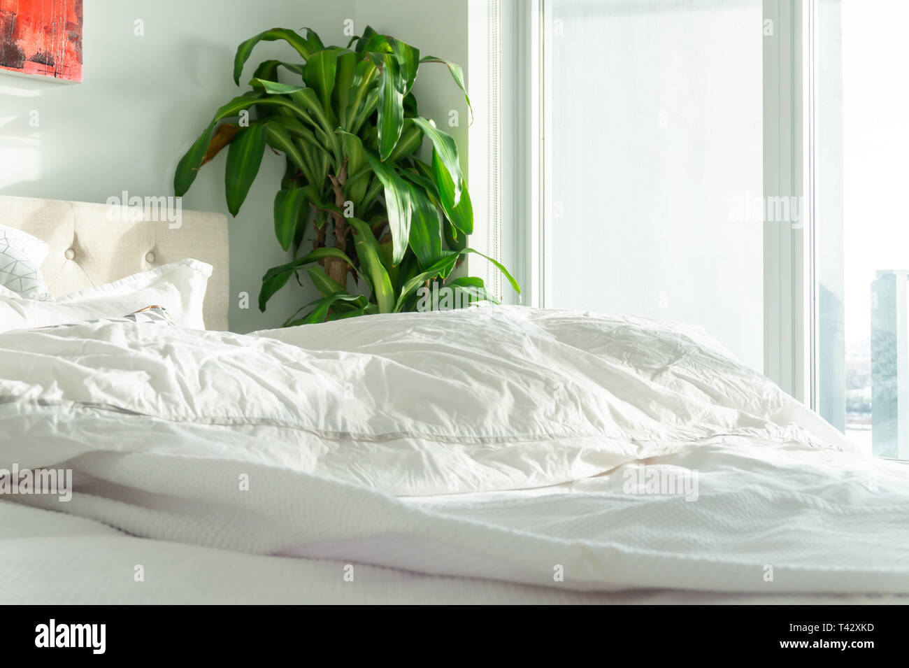Geschlafen, echten Bett mit weißer Decke, in einer schönen ruhigen Szene, die bequem zu Hause, im Hotel, im Bett blieben und Entspannung. Stockfoto
