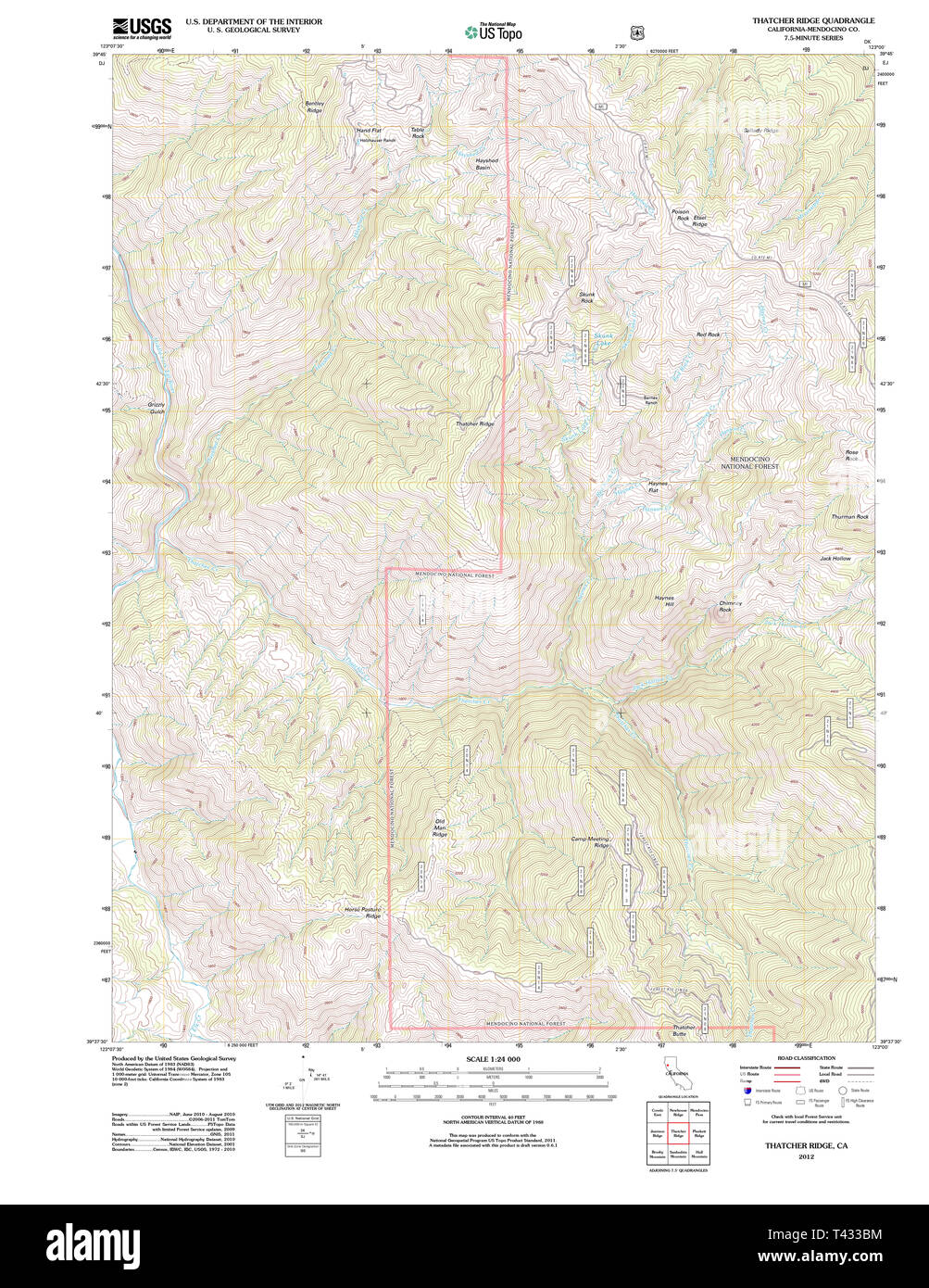 USGS TOPO Karte Kalifornien CA Thatcher Ridge 20120320 TM Wiederherstellung Stockfoto