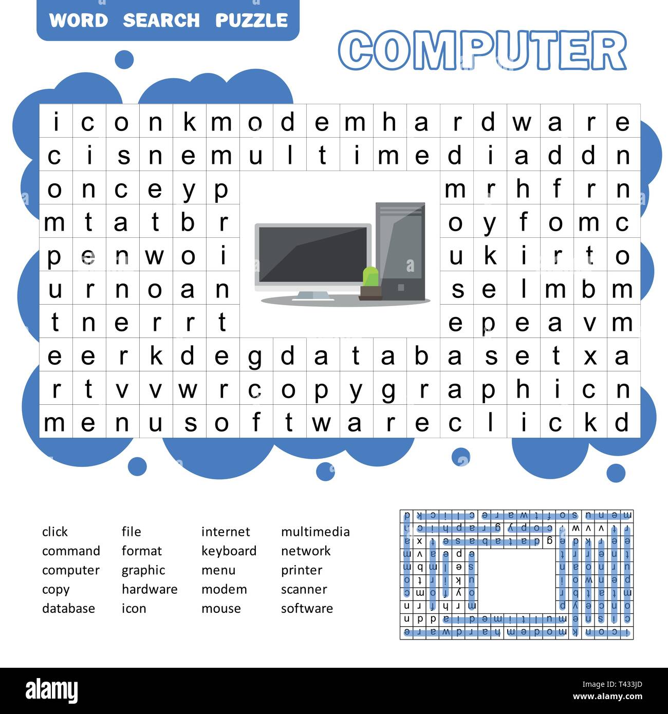 Lernspiel für Kinder. Word Search Puzzle mit Computer. Kinder sheetWord suche Puzzle für Kinder. Antwort enthalten. Stock Vektor