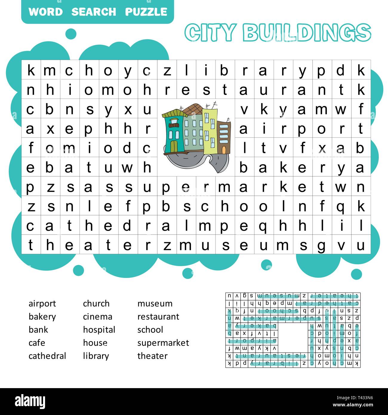 Word Search Puzzle. Vektor Spiel über städtischen Gebäude. Arbeitsblatt für Kinder. Bunte druckbare Version mit Antwort Stock Vektor