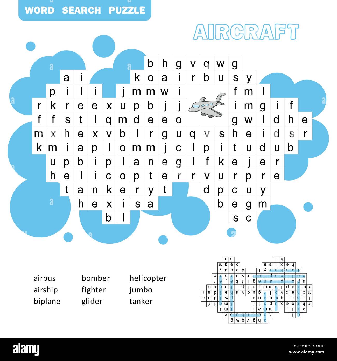 Luftverkehr Crossword Game. Suche Wörter Spiel mit Antwort für Kinder. Vektor flachbild Abbildung Stock Vektor