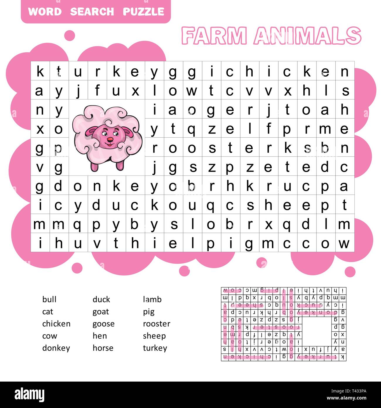 Vektor Kreuzworträtsel, Bildung Spiel für Kinder über Tiere und Haustiere. Word Search Puzzle mit Antwort Stock Vektor