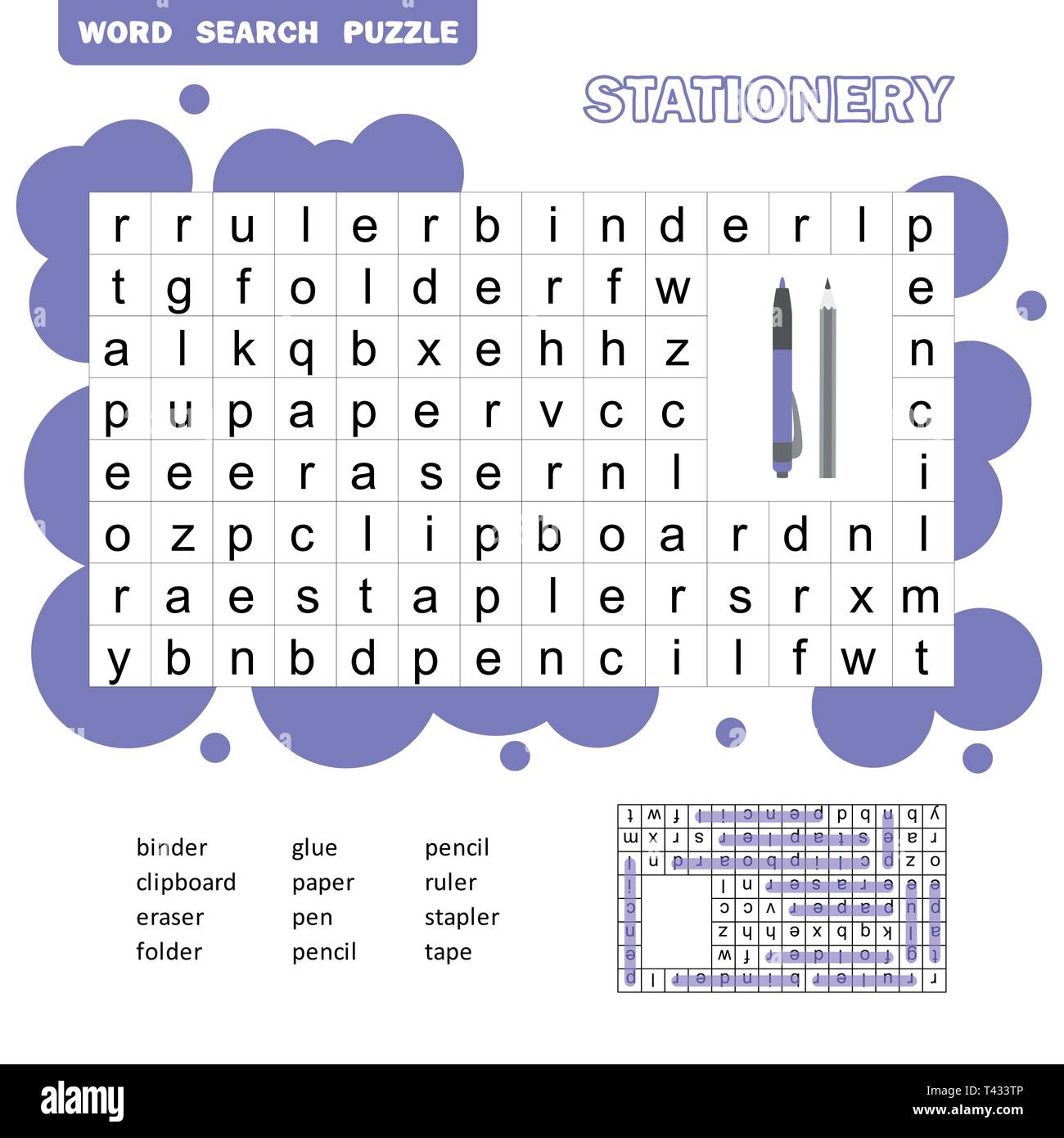 Crossword Game über Schule für Kinder, Word Search Puzzle mit Vokabular und die Antwort, cartoon Flat Style, Illustration, Vektor Stock Vektor