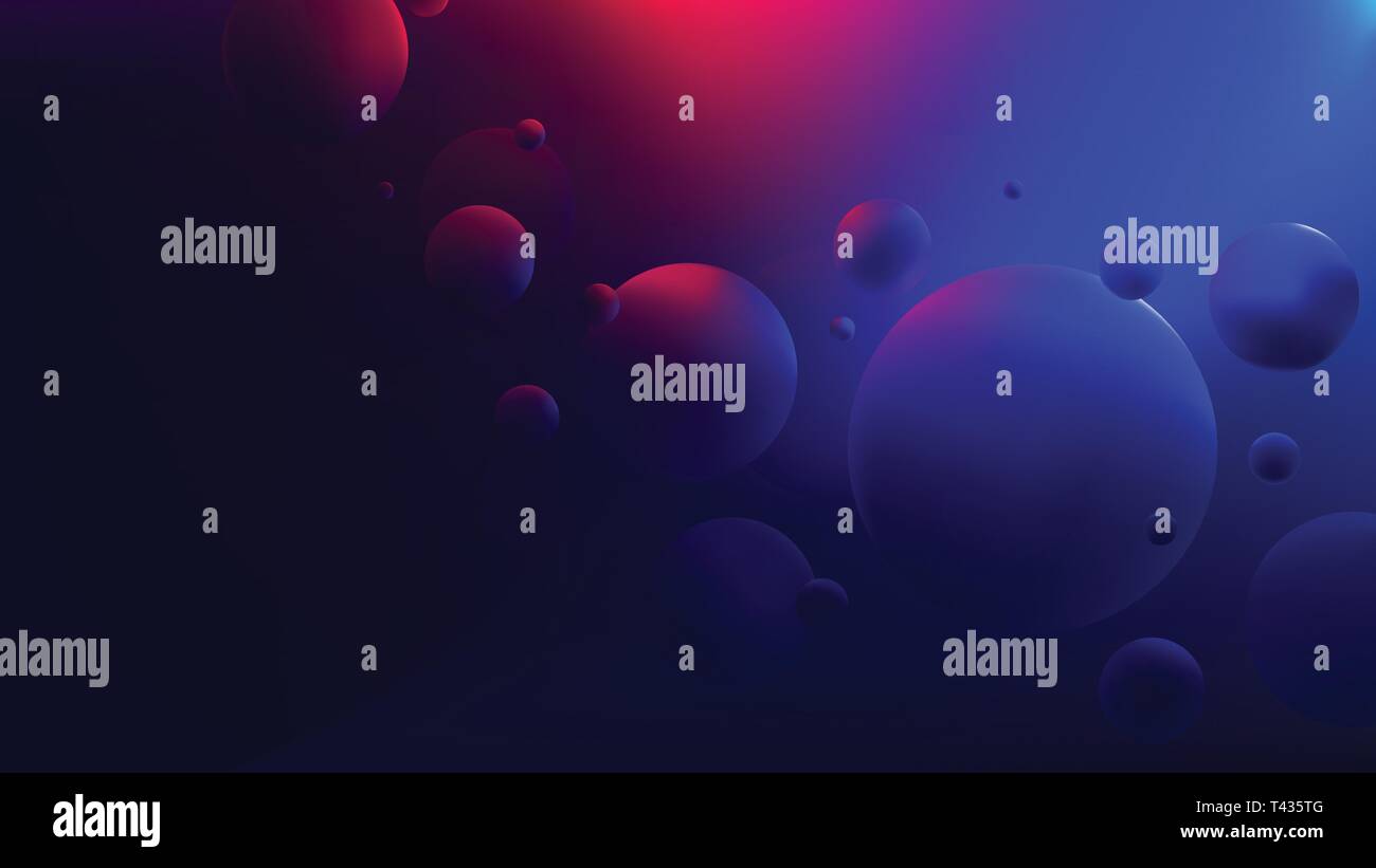 Helles rot-blaues Leuchten auf fliegende Kugeln widerspiegelt, bunten Farbverlauf runden Formen, Retro-futuristischen Neon cyberpunk Hintergrund für Ihr Design Stock Vektor