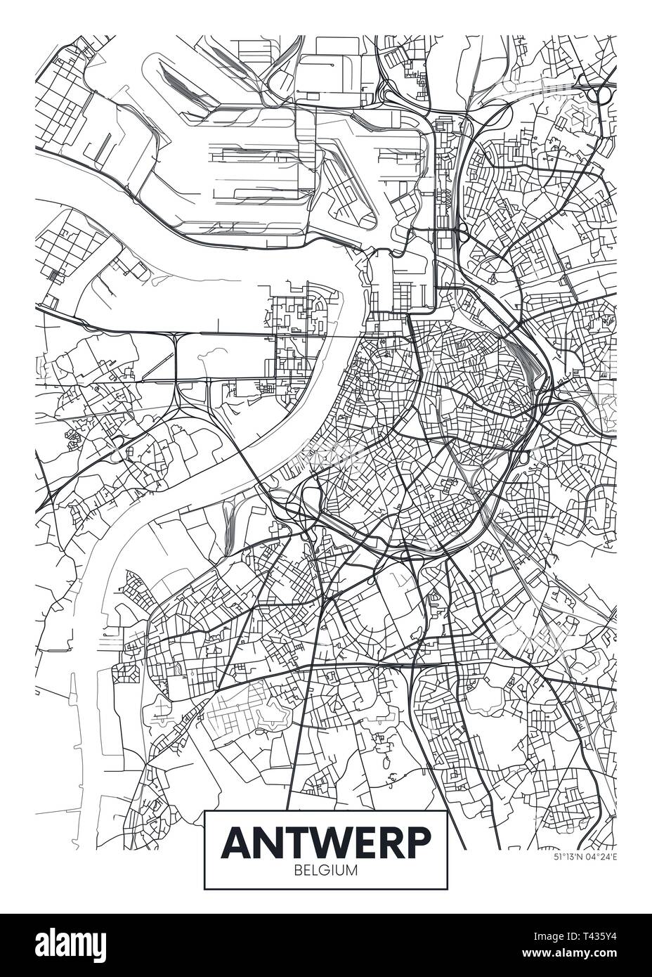 Stadtplan Antwerpen, travel Vektor Plakatgestaltung detaillierten Plan der Stadt, Flüsse und Straßen Stock Vektor