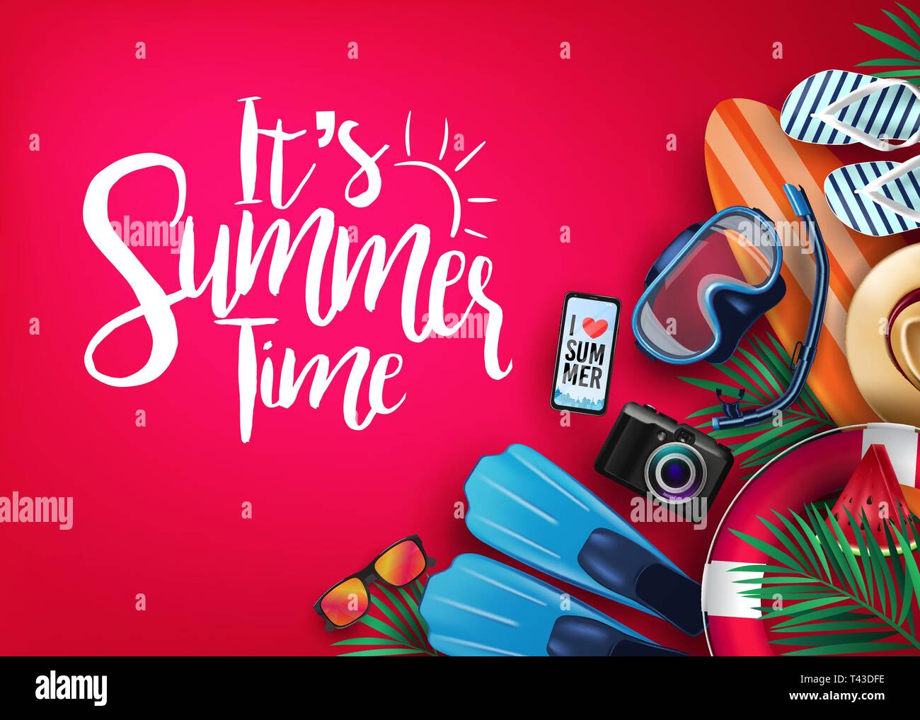 Es ist Sommer realistisch Vektor Banner in roten Hintergrund und tropischen Elementen wie Tauchausrüstung, Surfbretter, Hausschuhe, Digitalkamera Stock Vektor