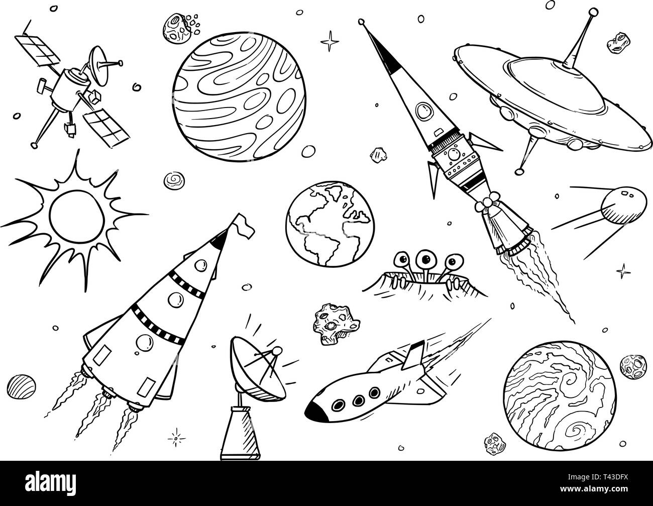 Eingestellt Von Cartoon Vektorzeichnungen Platz Requisiten Wie Raketen Ausserirdische Raumschiffe Oder Raumschiffe Ufo Planeten Und Satelliten Stock Vektorgrafik Alamy