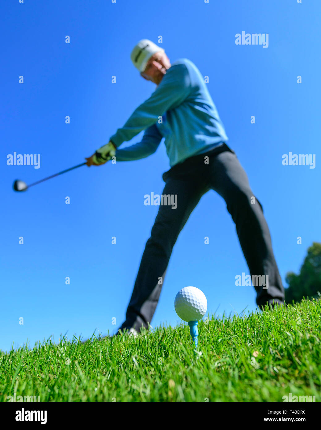 Golf Spieler Schlagen einer Kugel mit Fahrer Stockfoto