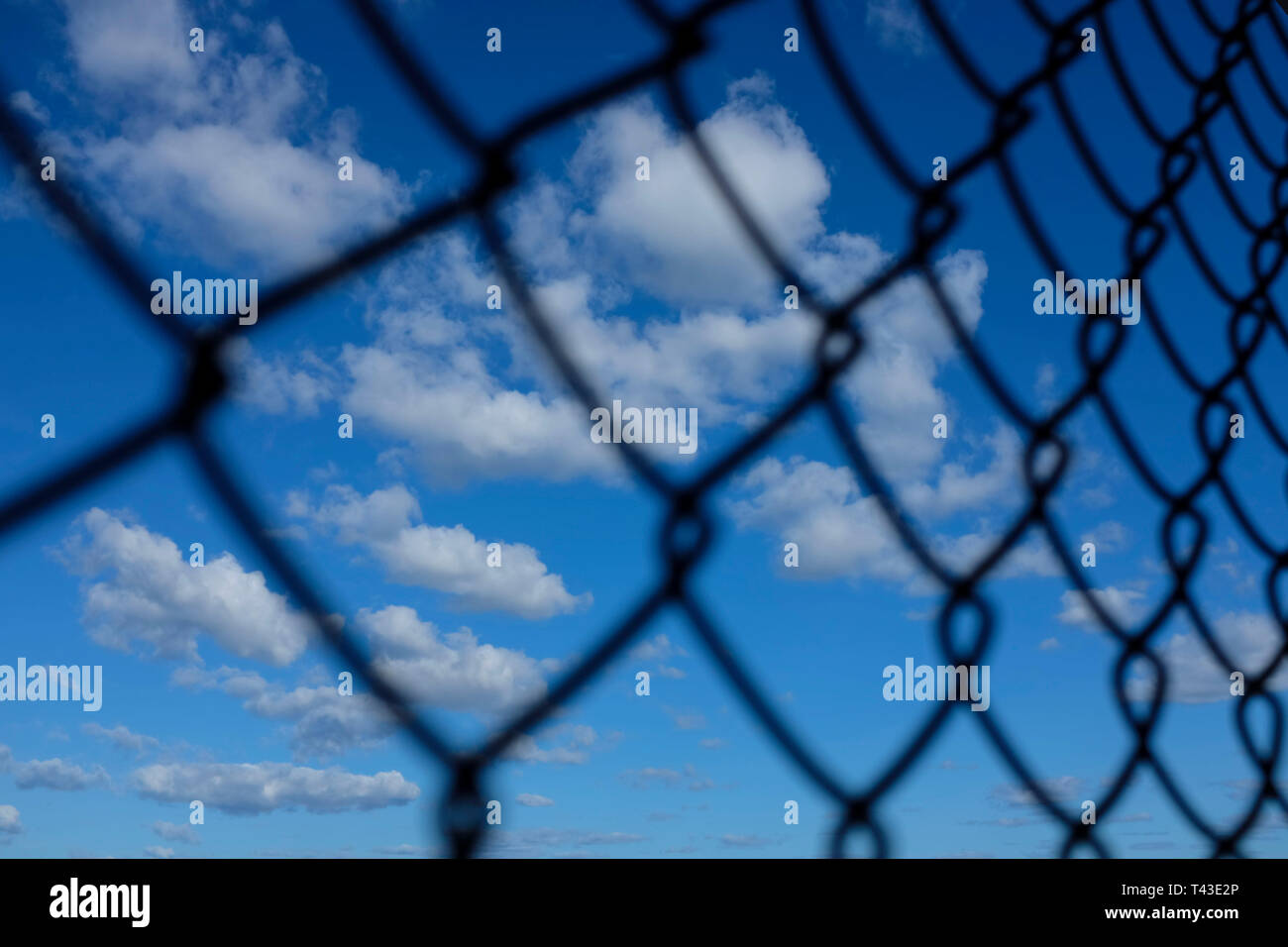 Blauer Himmel mit weißen Wolken durch eine chainlink Fence gesehen. Stockfoto