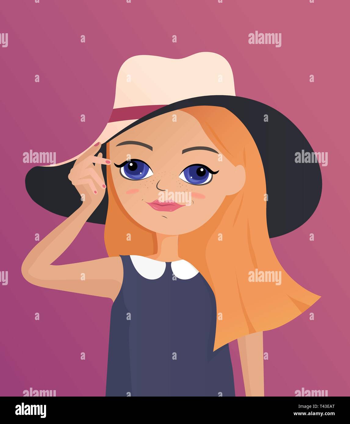 Cute Cartoon Mädchen mit roten Haaren Holding ihren Hut. Kawaii Vector Illustration. Stock Vektor