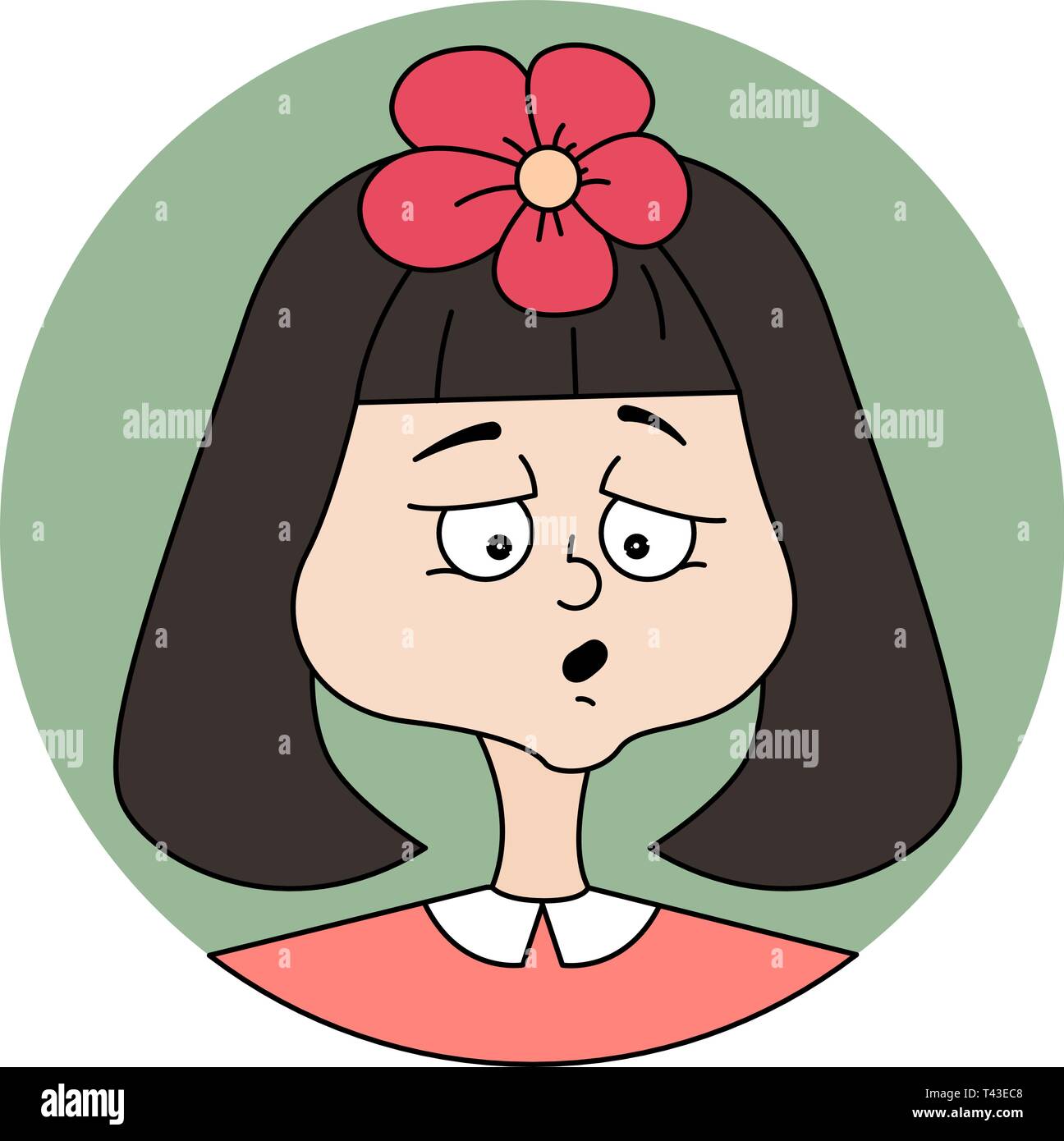 Cartoon Illustration eines Mädchen mit Blume auf dem Kopf und ein lustiges Gesicht Ausdruck. Cute Vector kid Zeichen auf weißem Hintergrund. Stock Vektor