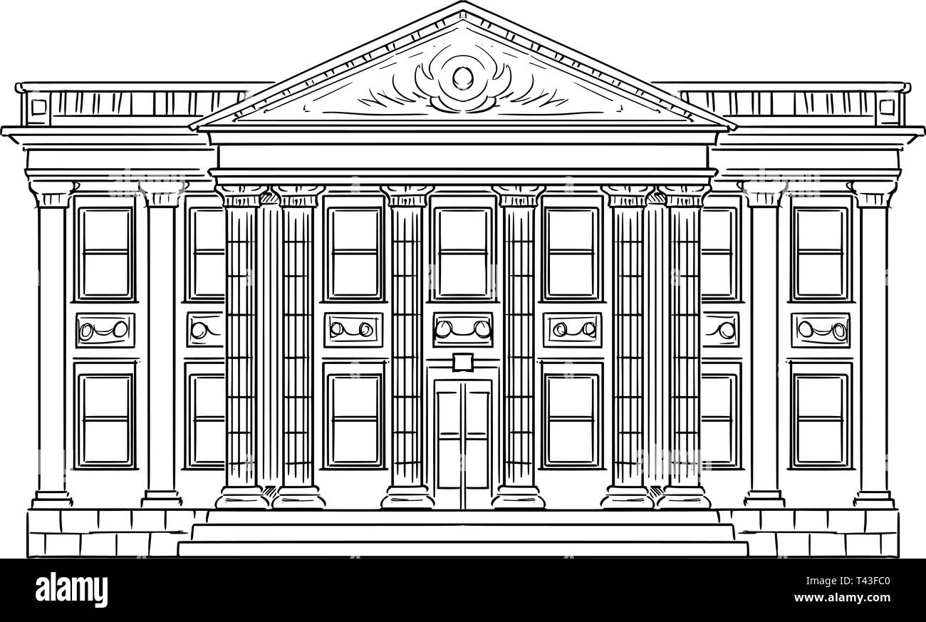Vector schwarz-weißen Zeichnung der Bank Gebäude im klassischen Stil mit Spalten als Metapher der Stabilität, Geld, Finanzen und Investitionen. Stock Vektor