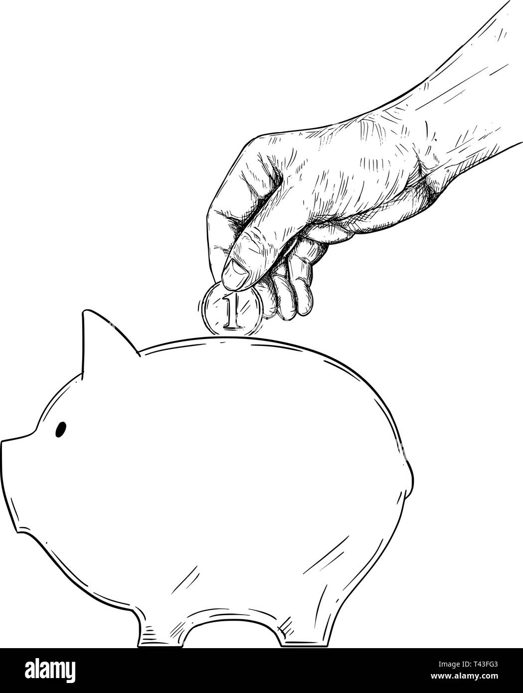 Vector schwarz-weißen Zeichnung von Hand Münze im Sparschwein. Metapher der Investition und Finanzierung. Stock Vektor