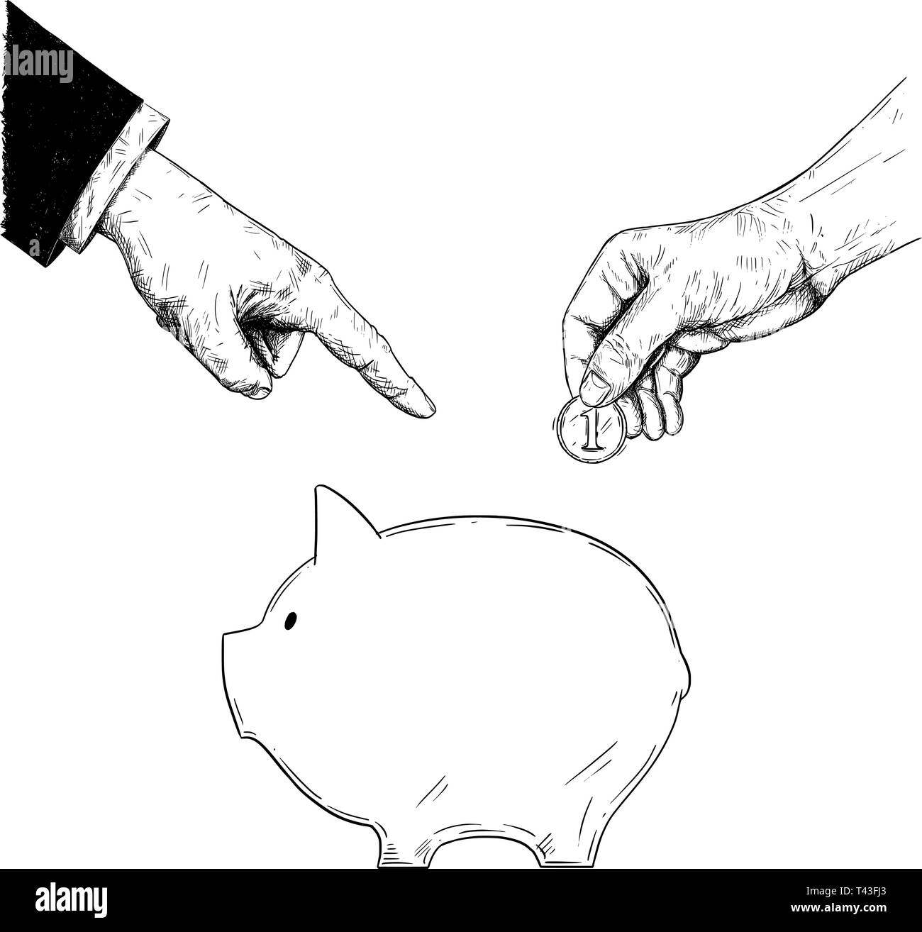Vector schwarz-weißen Zeichnung von Hand der Politiker oder Unternehmer ist die Bestellung oder die Beratung eine gewöhnliche Person Münze, die Einsparungen im Sparschwein zu setzen. Metapher der Investition und Finanzierung. Stock Vektor