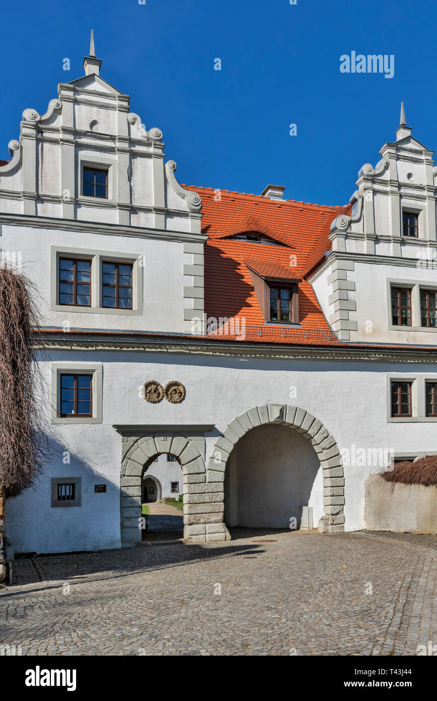 Die Burg Strehla ist ein Schloss in der Stadt Strehla, Landkreis Meißen, Sachsen, Deutschland, Europa Stockfoto