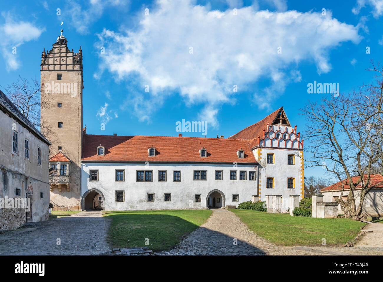 Die Burg Strehla ist ein Schloss in der Stadt Strehla, Landkreis Meißen, Sachsen, Deutschland, Europa Stockfoto
