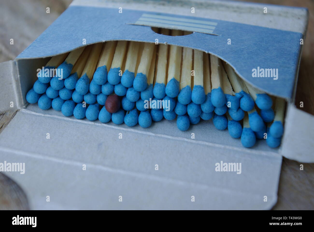 Um sich von der Masse ab. Nahaufnahme einer Streichholzschachtel mit einem Braun. Bedeutung von Individualität, Minderheiten, Rassismus, Gastfreundschaft, Gleichstellung der Geschlechter, di Stockfoto