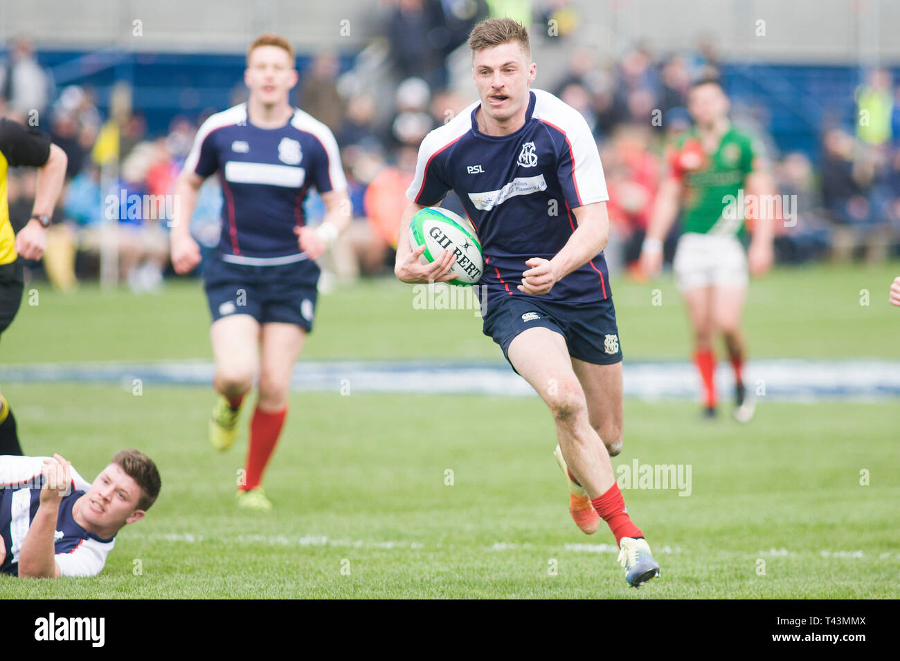 Melrose, Schottland - April 13. Aktion aus dem ASI Melrose Sevens erste Runde zwischen GHA und Selkirk RFC Am Greenyards am 13. April 2019 Stockfoto