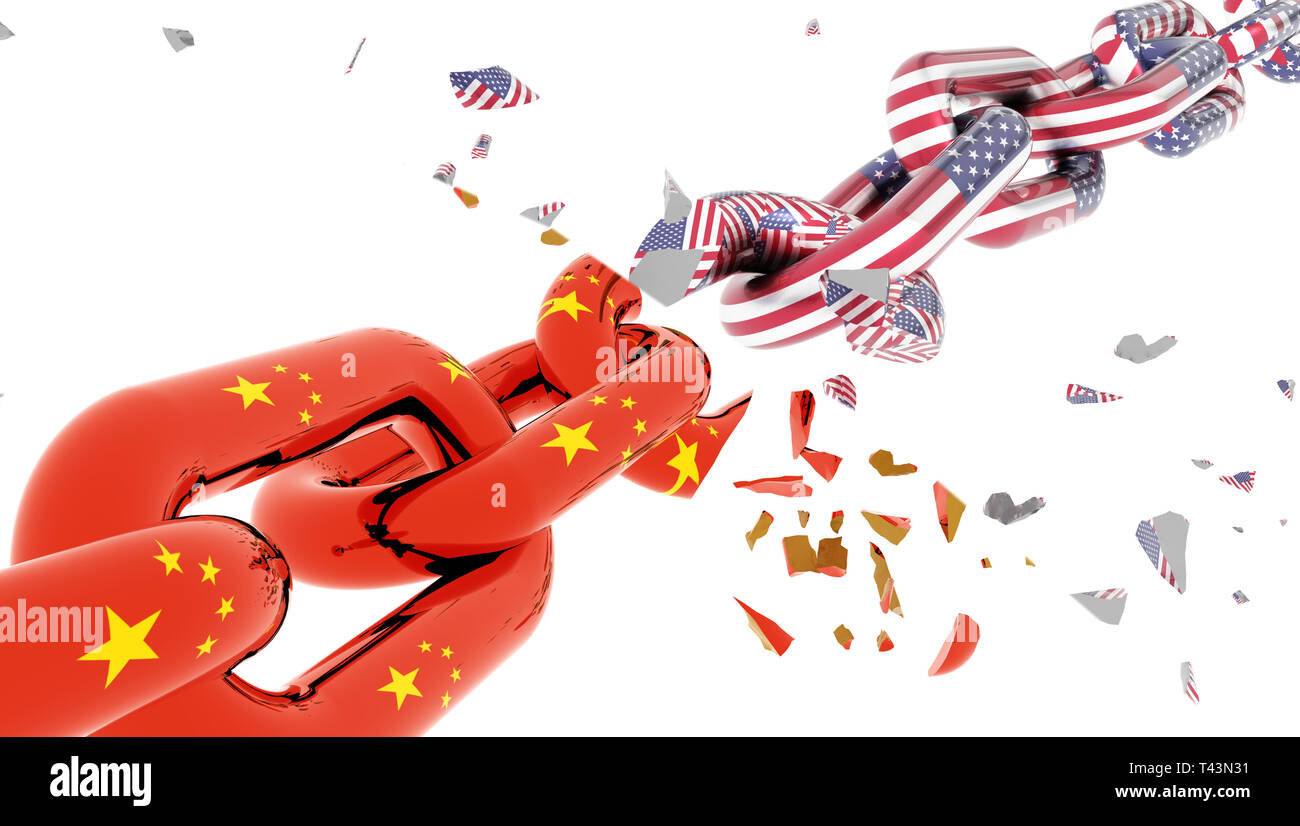 China usa Amerika Krise und Flagge Kette Pause suttered in viele Stücke - 3D-Rendering Stockfoto