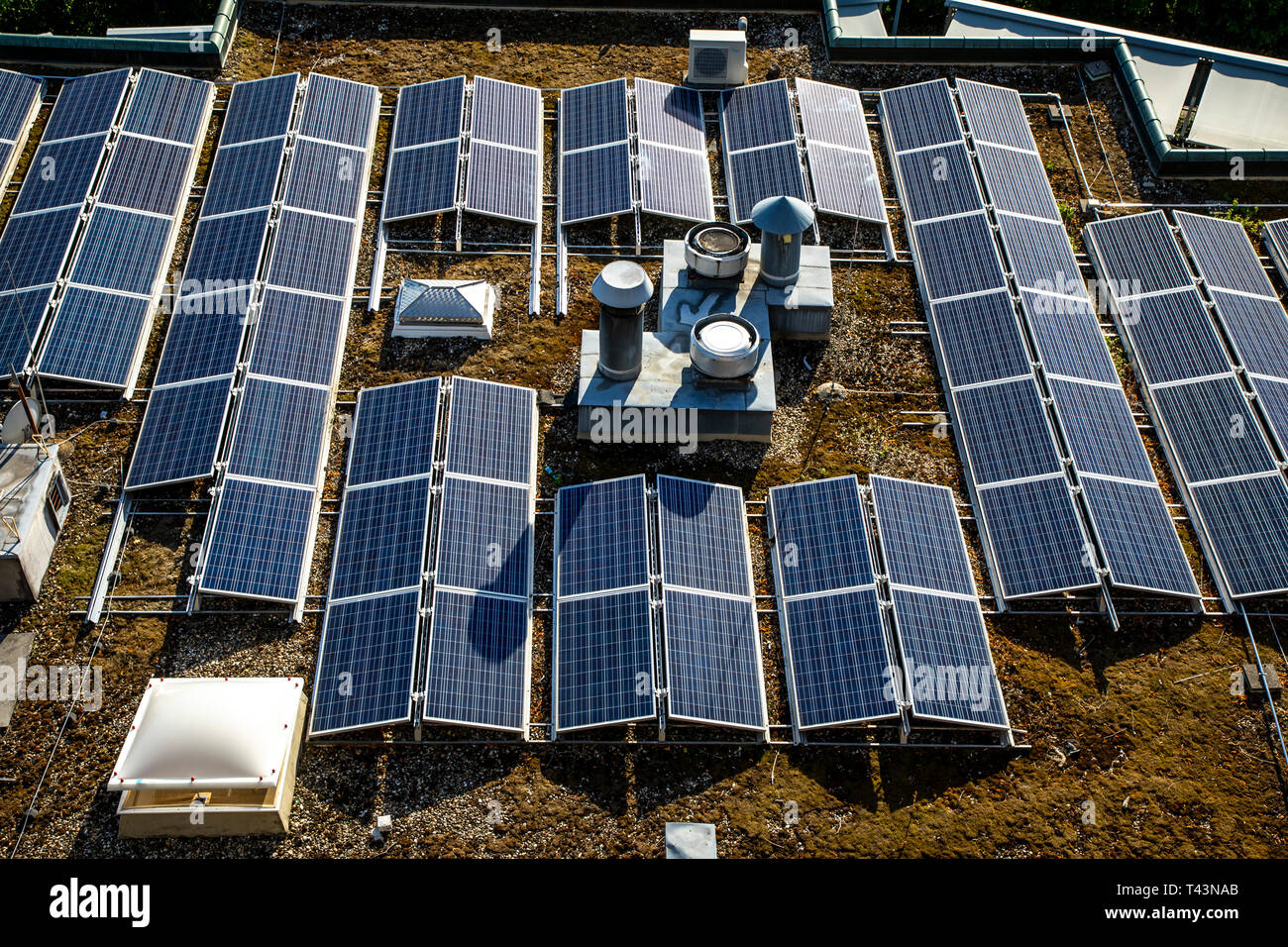 Solaranlagen, Photovoltaik Module, auf einem Flachdach, Solar Energie, Stockfoto