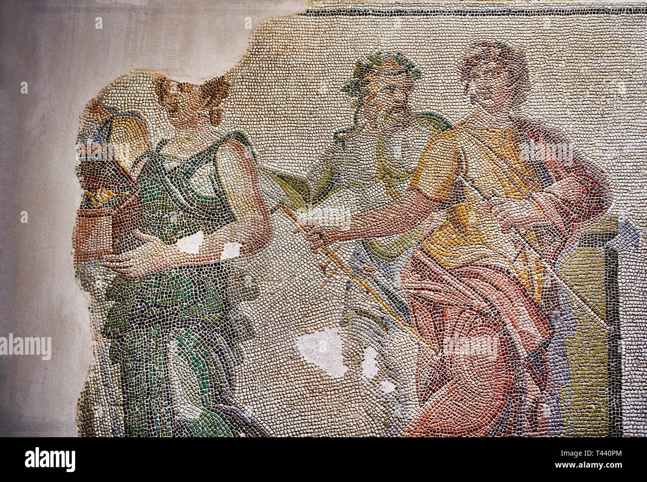 Römische Mosaiken - in der Nähe der Hochzeit des Dionysos Mosaik. Dionysos Villa alten Zeugama, 2. Das Zeugma Mosaic Museum, Gaziantep, Türkei. Stockfoto