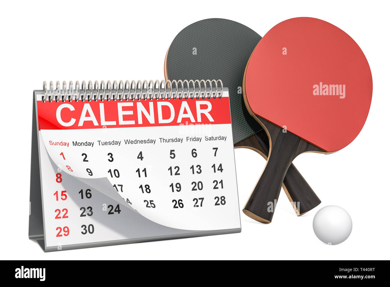 Tischtennis Veranstaltungen Kalender Konzept. 3D-Rendering auf weißem Hintergrund Stockfoto