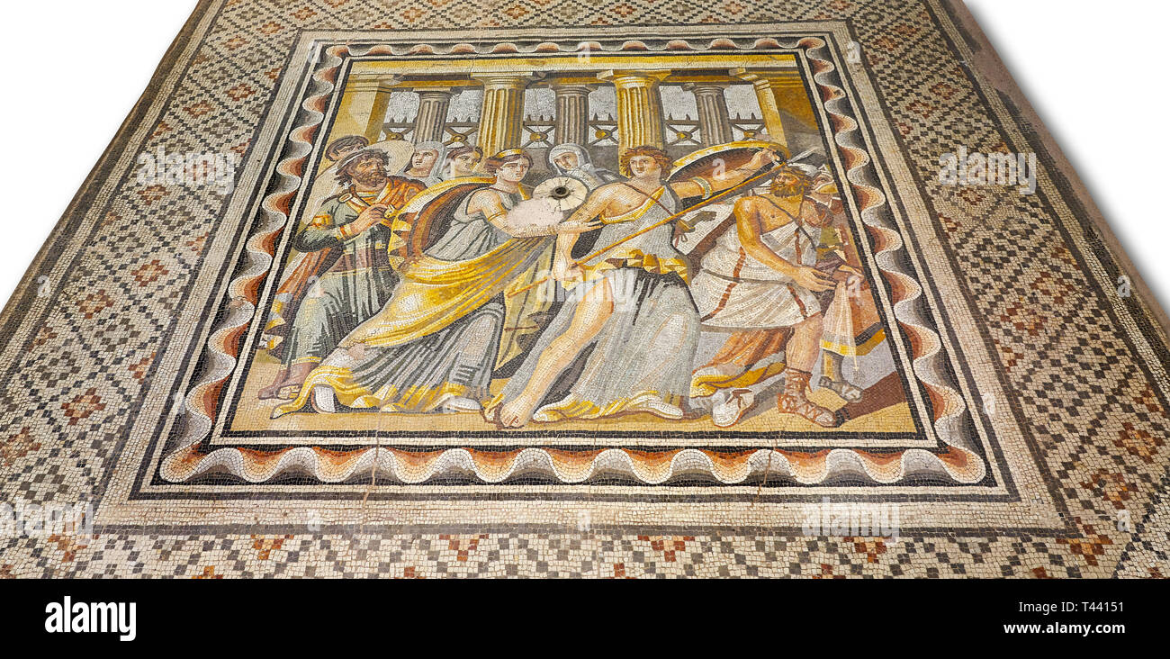 Römische Mosaiken - Achilles Mosaik. Alte Zeugama, 2. - 3. nachchristlichen Jahrhundert. Das Zeugma Mosaic Museum, Gaziantep, Türkei. Vor einem weißen Hintergrund. Stockfoto