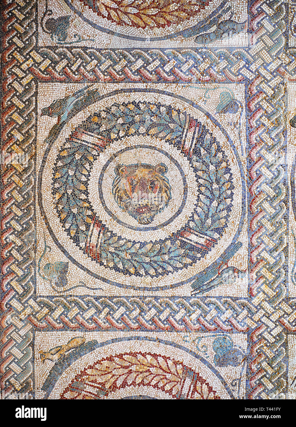 Nahaufnahme Bild der römischen Mosaiken des Peristyl, Tiere, die in einer geometrischen Mosaik Kranz in eckigen Platten, Zimmer Nr. 13 in der Villa Ro Stockfoto